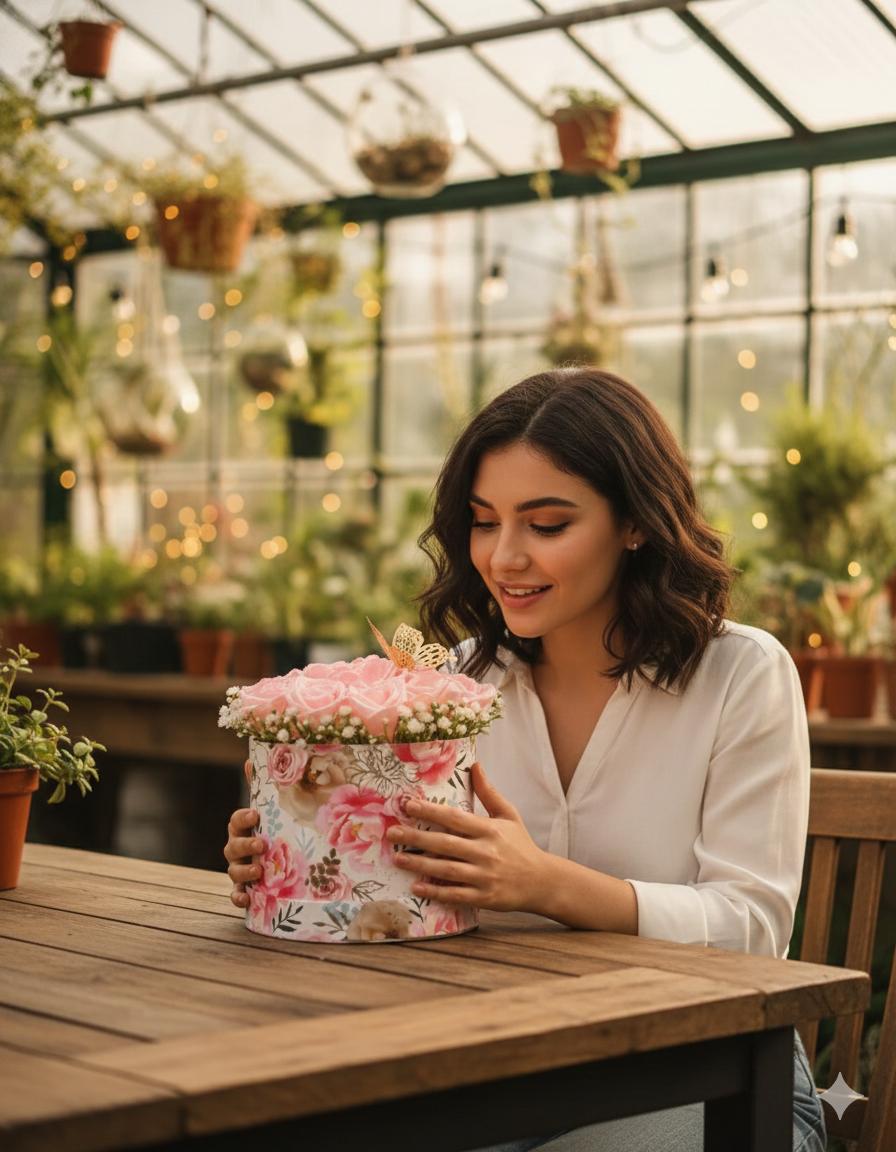 Blush Pink Rose Flower Box with Gold Butterfly