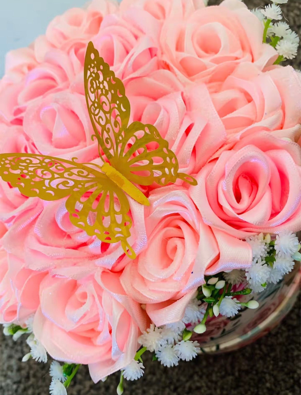 Blush Pink Rose Flower Box with Gold Butterfly