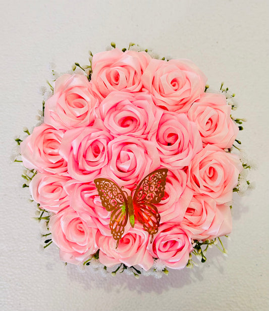 Blush Pink Rose Flower Box with Gold Butterfly