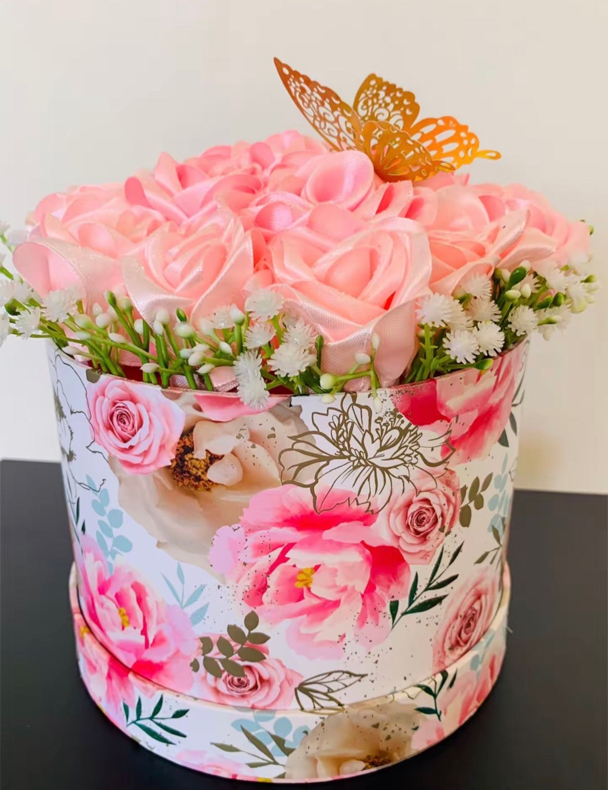 Blush Pink Rose Flower Box with Gold Butterfly